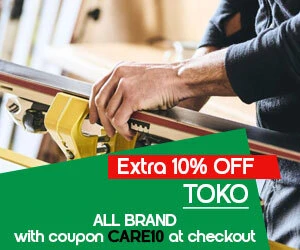 Graphic, close-up of ski maintenance using TOKO tools, text, TOKO Ski Care - extra 10% OFF with code CARE10 at checkout