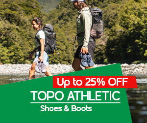 Graphic, hikers moving through water in rocky forest environment and holding TOPO ATHLETIC Shoes, text, Save up to 50% on TOPO ATHLETIC Shoes & Boots