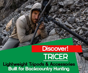 Graphic, person aiming from tripod in rocky mountain terrain, text, TRICER Fresh Drop: Lightweight Tripods & Accessories Built for Backcountry Hunting