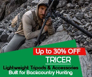 graphic, a man wearing a hoodie crouching on a rocky mountain slope looking through an optic mounted on a black tripod, text, Limited-Time Sale on TRICER Lightweight Tripods & Accessories - up to 30% OFF