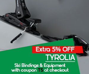  Graphic, close-up of Tyrolia ski binding on ski, text, TYROLIA ski equipment extra 5% off with coupon T5