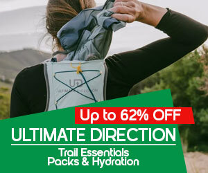graphic, person wearing hydration pack in outdoor trail setting, text,  Save up to 62% on ULTIMATE DIRECTION Packs & Hydration Gear