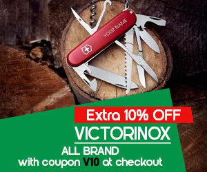 graphic, red Victorinox Swiss Army knife unfolded on a wooden surface, text, VICTORINOX: ALL Legendary Collection 10% OFF with code V10 at checkout