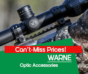 Graphic, close-up of rifle scope mounted on firearm with WARNE optic accessory with adjustment knobs and rail system, Text, WARNE Optic Accessories at Can’t-Miss Prices