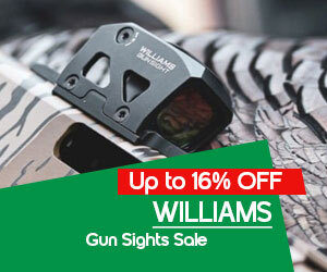 graphic, close-up of firearm with mounted Williams sight, text,   WILLIAMS Gun Sights Up to 16% OFF