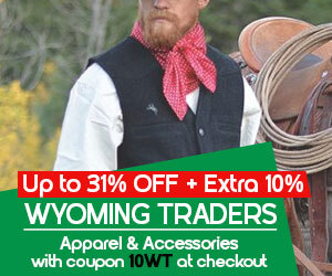 graphic, man in Western outfit standing by saddle outdoors, text,   WYOMING TRADERS Apparel & Accessories Up to 31% OFF + Extra 10% OFF with code 10WT at checkout