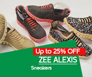 Graphic, three pairs of woven Zee Alexis sneakers in assorted colors, text, Zee Alexis Sneakers up to 25% off