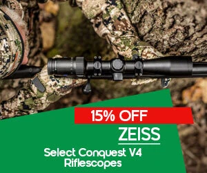 graphic, top-down view of a hunter in camouflage holding a rifle with a black Zeiss riflescope resting next to a tree trunk, text, 15% OFF Select ZEISS Conquest V4 Riflescopes 