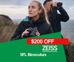 a male looking thorugh binos and a female holding a bino