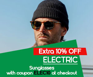 graphic, person in knit cap wearing sunglasses under clear sky, text, Get Extra 10% on ELECTRIC Sunglasses with code ELEC10