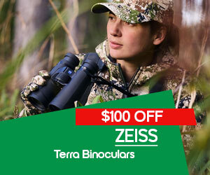 graphic, a person in camouflage with binoculars, text, ZEISS Terra Binoculars 20% OFF