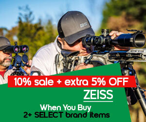 Graphic, focused view of shooters using scoped rifles outdoors, text, Save 10+5% ZEISS Special Selection! extra 5% OFF will be applied to the already discounted 10% price when purchasing 2+ select Zeiss items