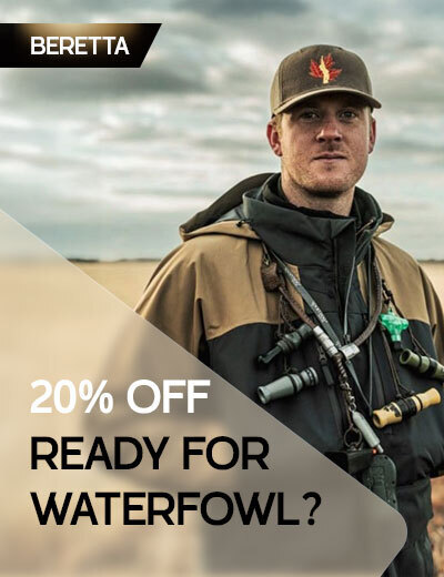 Graphic, close-up of Beretta Waterfowl Collection gear in cold weather setting, text, BERETTA Waterfowl Collection: Exceptional Warmth & Lightweight Feel with 20% OFF