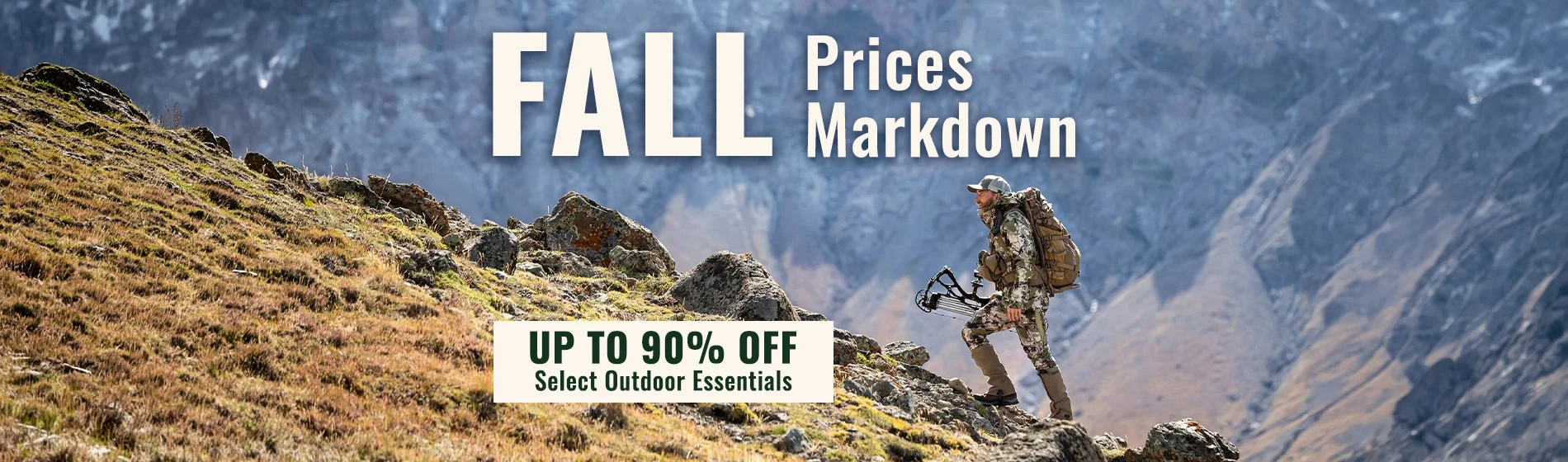 graphic, a hunter in full camouflage gear with a large backpack carrying a compound bow while hiking up a steep grassy mountain ridge with rugged grey peaks in the background, text, Fall Prices Markdown - Up to 90% OFF Select Outdoor Essentials