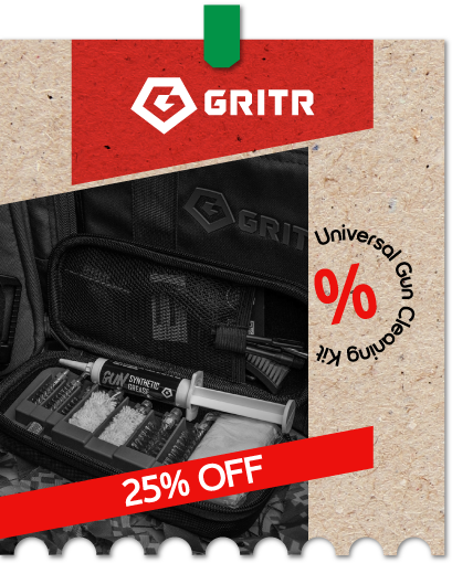 Graphic, GRITR multi‑caliber gun cleaning set arranged in open case, Text, 25% Off GRITR Multi‑Caliber & Universal Gun Cleaning Kit