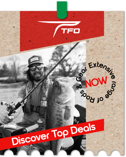 Graphic, angler holding fishing rod and large fish in boat, text, Extensive Range of TFO Rods & Gear – Discover Top Deals