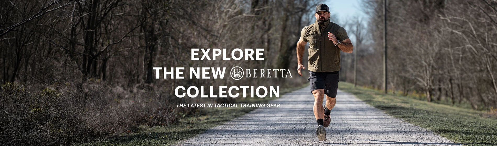 Graphic, runner in tactical athletic clothing moving along forest trail, text, Explore the New BERETTA Collection: The Latest in Tactical Training Gear