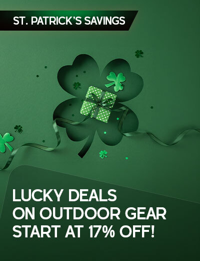 Graphic, festive shamrock backdrop with green present and confetti, text, ST. PATRICK’S SAVINGS at GRITR: LUCKY DEALS ON OUTDOOR GEAR START AT 17% OFF