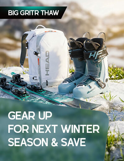 Graphic, HEAD backpack, ski boots and skis arranged on snowy surface against alpine scenery, text, Big GRITR Thaw: Gear Up for Next Winter Season & Save! Shop top brands like Fischer, Head, Nordica, Tecnica, and more — before the snow (and the stock) disappears