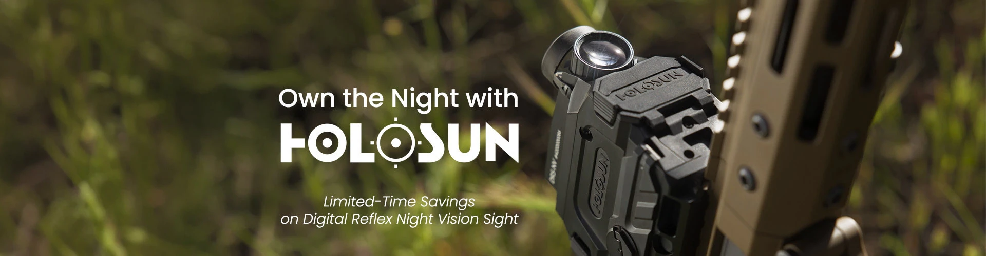 graphic, close-up of a black Holosun digital reflex night vision sight against a blurred green grass background, text, Own the Night with HOLOSUN: Limited-Time Savings on Digital Reflex Night Vision Sight