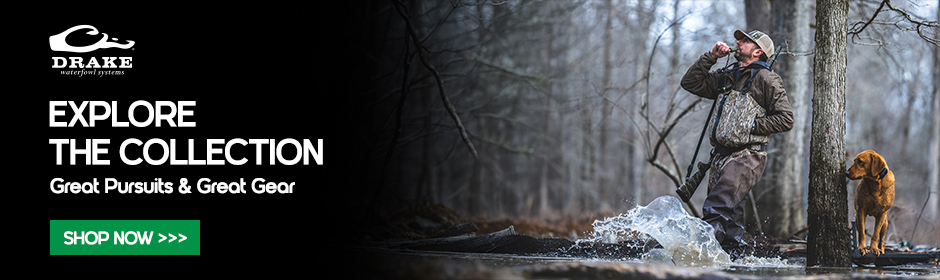 graphic, person in hunting gear with dog in wooded wet area blowing duck call, text, Great Pursuits & Great Gear – Explore DRAKE Collection