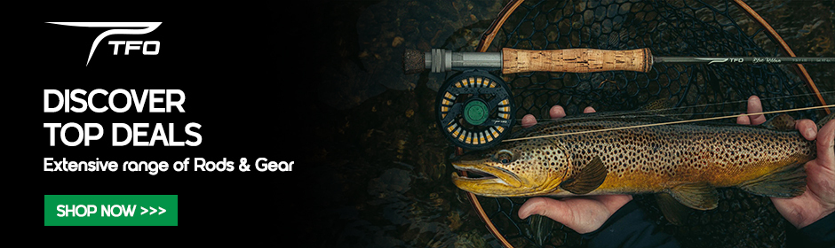 graphic, close‑up of person holding brown trout over net with fly rod above, text, Extensive Range of TFO Rods & Gear – Discover Top Deals