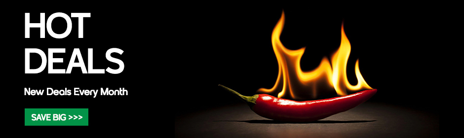 graphic, red chili pepper on dark surface with flames rising behind it, text, hot deals: new deals every month - save big!