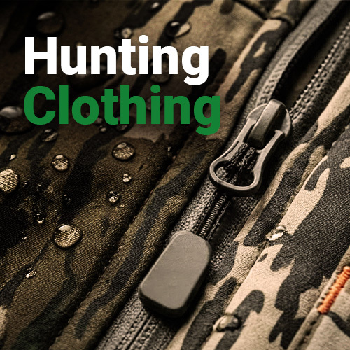 Graphic, Hunter wearing technical camouflage hunting apparel and a backpack, walking through a rugged outdoor landscape