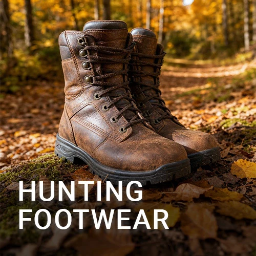 Graphic, hunting boots on the ground in the woods