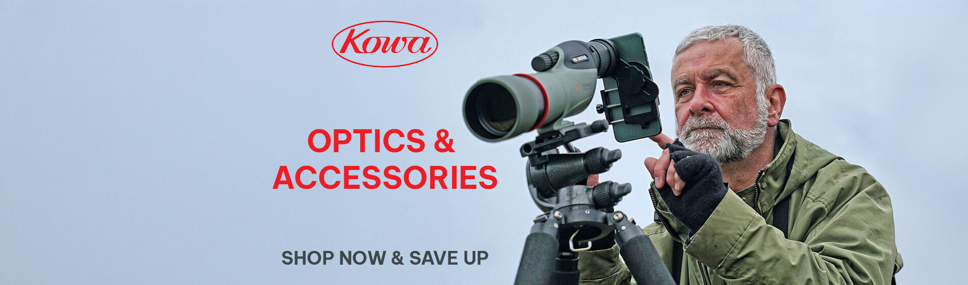 Graphic, outdoor scene with person in green jacket using tripod‑mounted KOWA scope, text, Shop KOWA Optics & Accessories now and save up