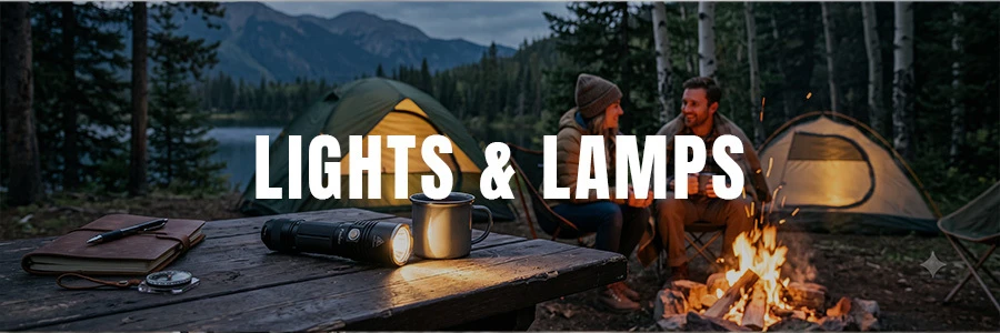 A black camping flashlight lying illuminated on a wooden picnic table at a campsite next to a metal mug, with a cozy campfire and tents in the background.