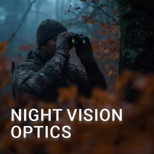 Graphic,  a huntier looking through night vision binoculars in the woods at night