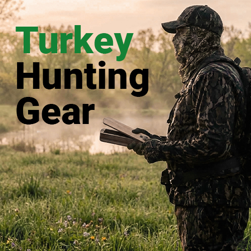 Graphic, a hunter in full camouflage sitting in a wooded area, holding a shotgun and utilizing turkey hunting gear during the spring season