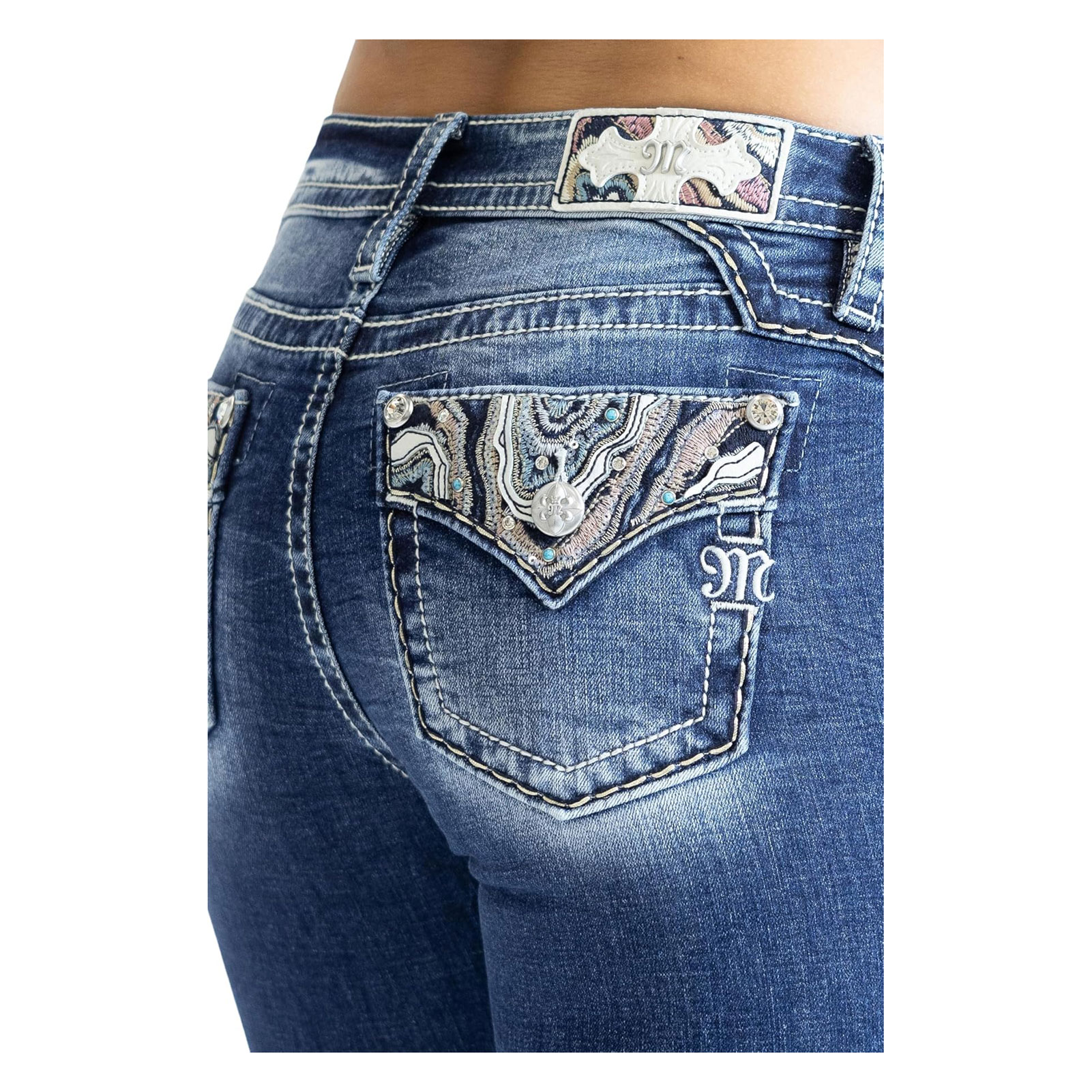 MISS ME Womens Abstract Stitch Mid-Rise Bootcut Jeans M9361BV