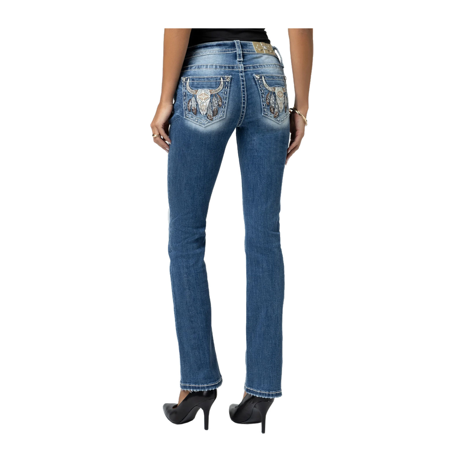 Miss Me Damen Bootcut-Jeans – Mid-Rise, Mit Stickerei, Strass & Stretch, Winter-Lace-Design