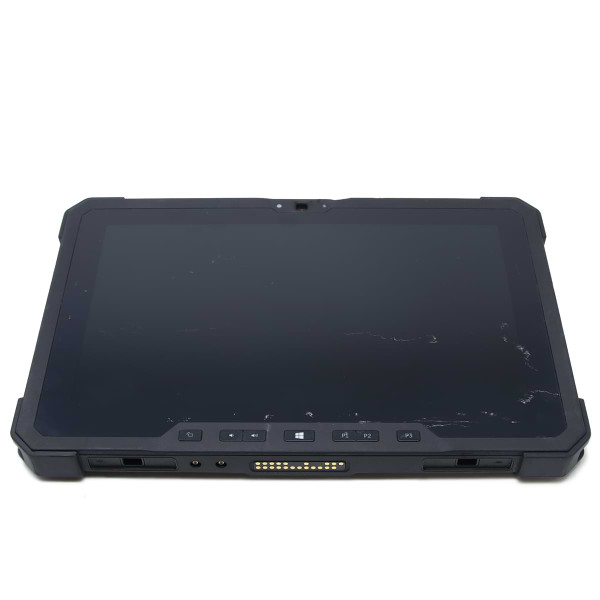 Scratch and Dent Refurbished Dell Latitude 7212 Fully Rugged Laptop Laying Flat Showing scratches on the screen