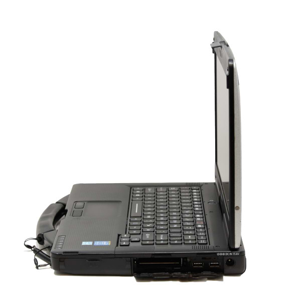 CF-53 Toughbook Right side with port doors open showing power port, 2 USB ports, and battery slot