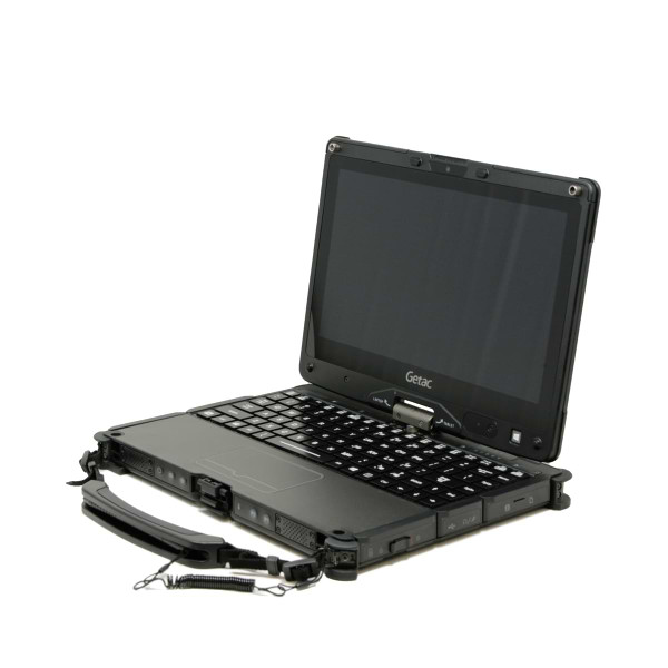 Getac V110 Angled to the Left with all port covers closed with carry handle