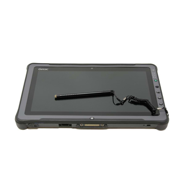 Refurbished F110 G2  Rugged Tablet laying down with a stylus laying on the screen