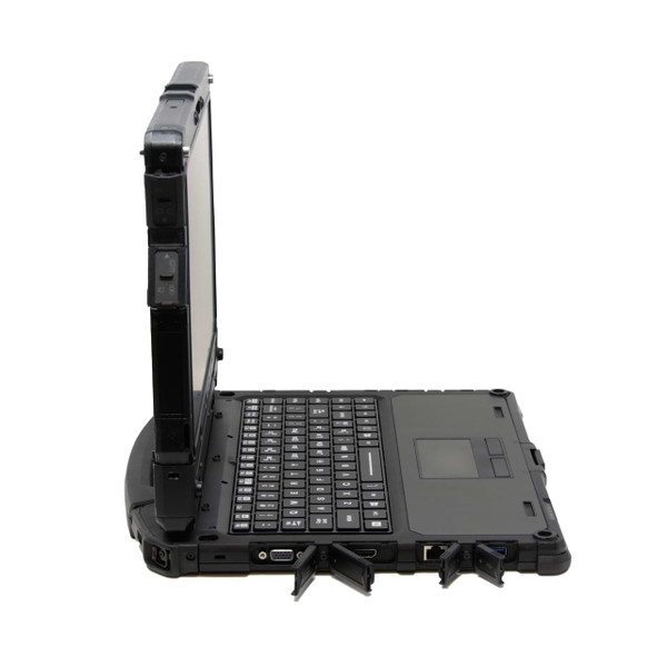 Getac K120 Fully Rugged Laptop Left Side on the Keyboard Dock with port covers open