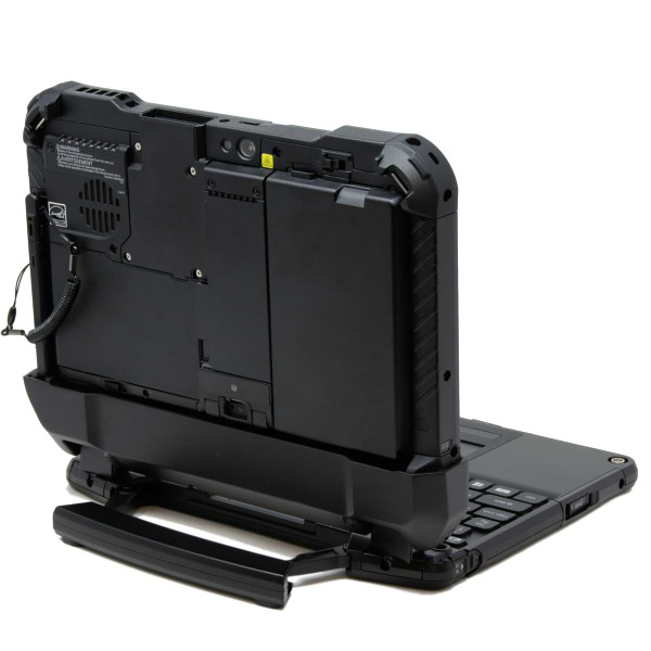 Back of the Toughpad FZ-G2 with the handle support, stylus, stylus holder, and keyboard Back of the Toughpad FZ-G2 with the handle support, stylus, stylus holder, and keyboard