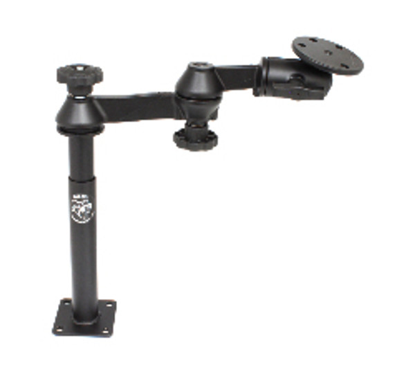 Double swing arm RAM tele-pole with round base. 