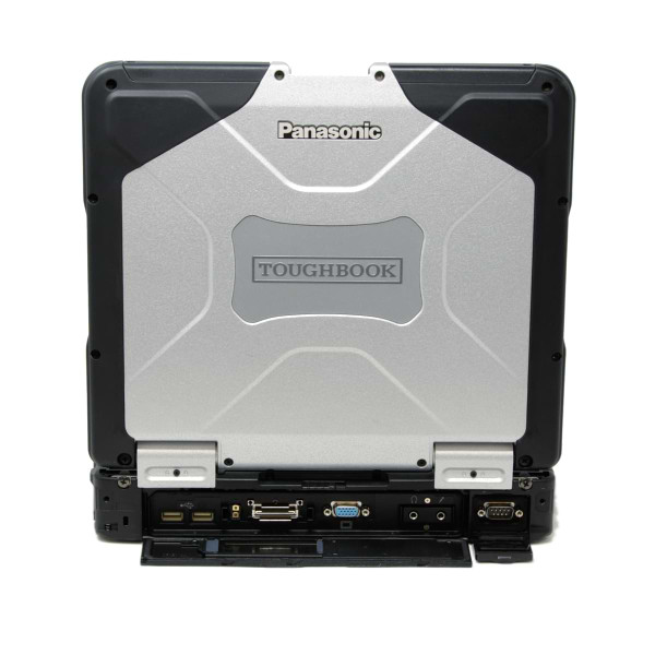 CF-31 Panasonic Toughbook rear with ports open showing USB ports, Audio in, Audio out, and the serial port