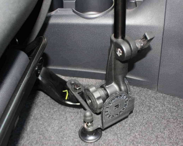 RAM Pod shown installed with use of passenger side seat bolts, zoomed in.