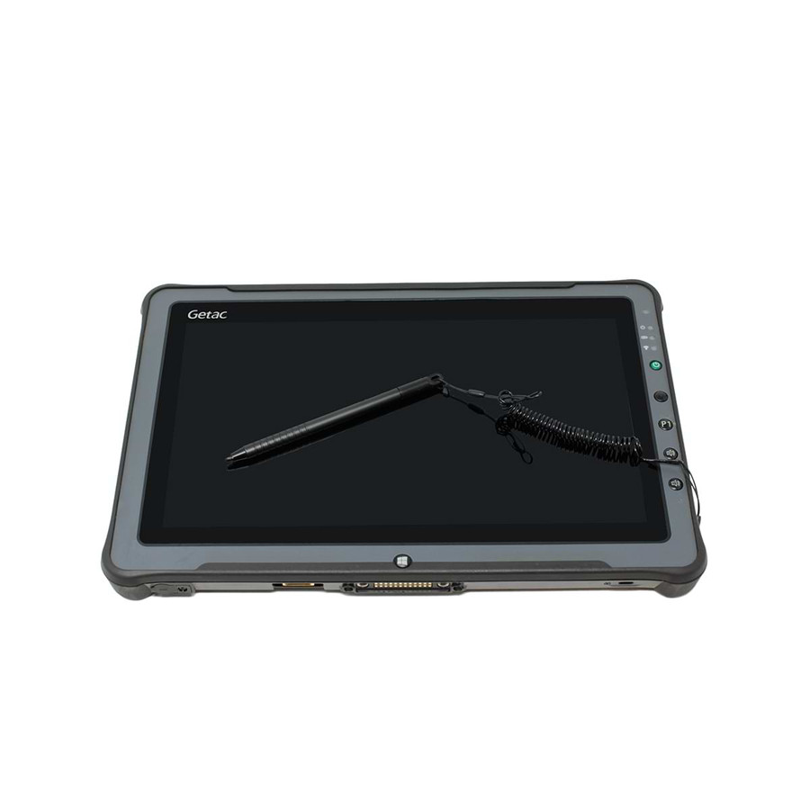 F110 Rugged Tablet With the included stylus and tether laying on the screen