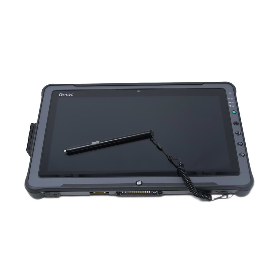 F110 Rugged Tablet With the included stylus and tether laying on the screen
