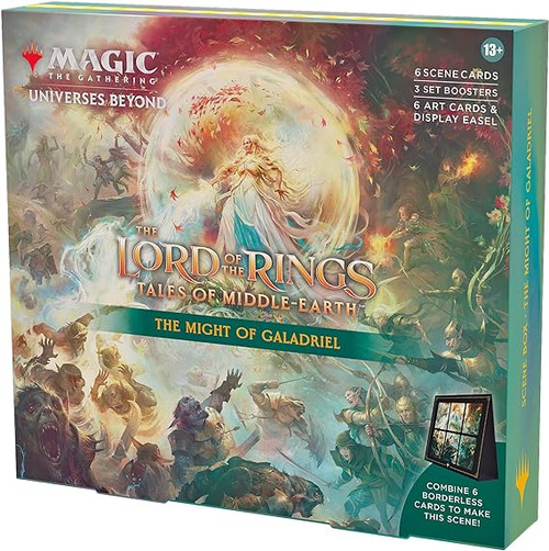 Magic The Gathering The Lord of The Rings: Tales of Middle-Earth Scene Box - The Might of Galadriel (6 Scene Cards, 6 Art Cards, 3 Set Boosters + Display Easel)
