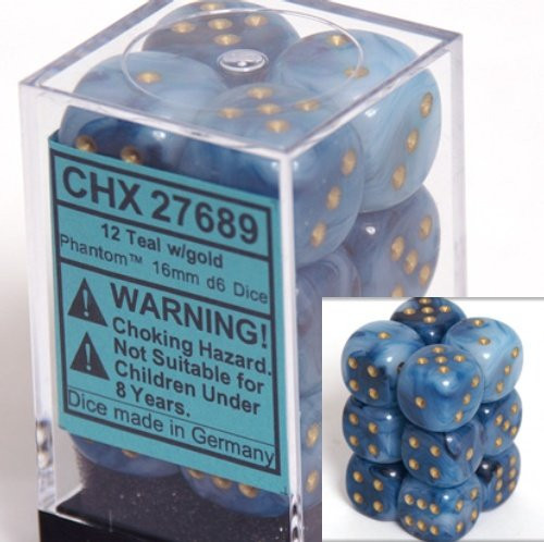 12 Teal w/gold Phantom 16mm D6 Dice Block - CHX27689