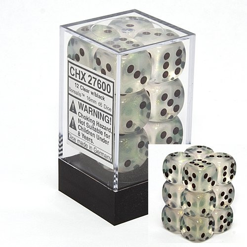 12 Clear w/black Borealis 16mm D6 Dice Block - CHX27600