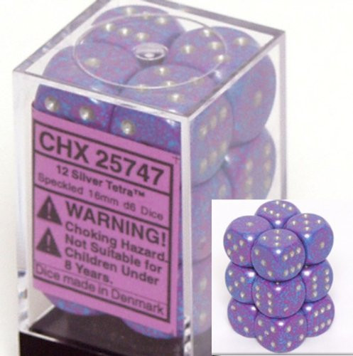 12 Silver Tetra Speckled 16mm D6 Dice Block - CHX25747